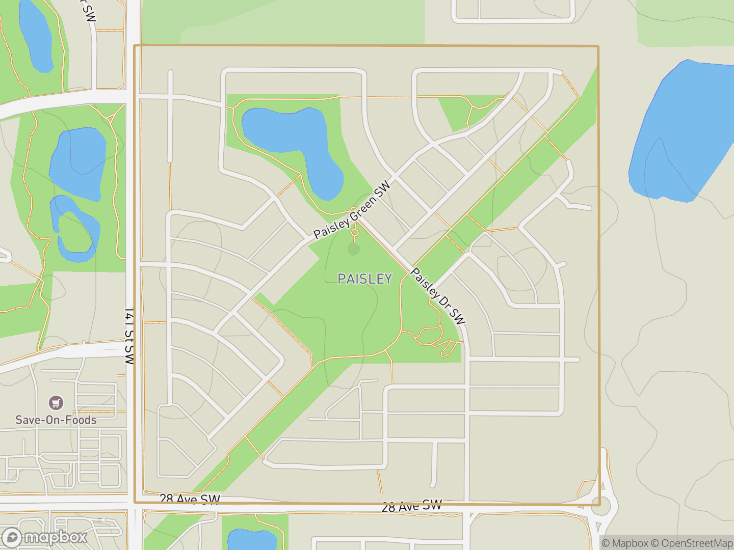 Map of Paisley, Edmonton — neighbourhood boundary, parks and surrounding streets.