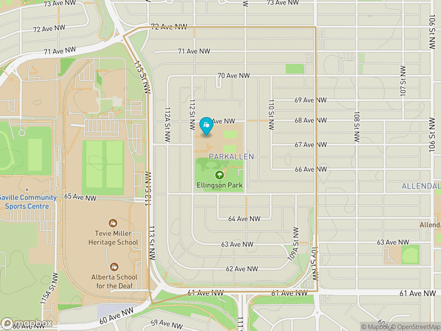 Map of Parkallen, Edmonton — neighbourhood boundary, 1 school, parks and surrounding streets.