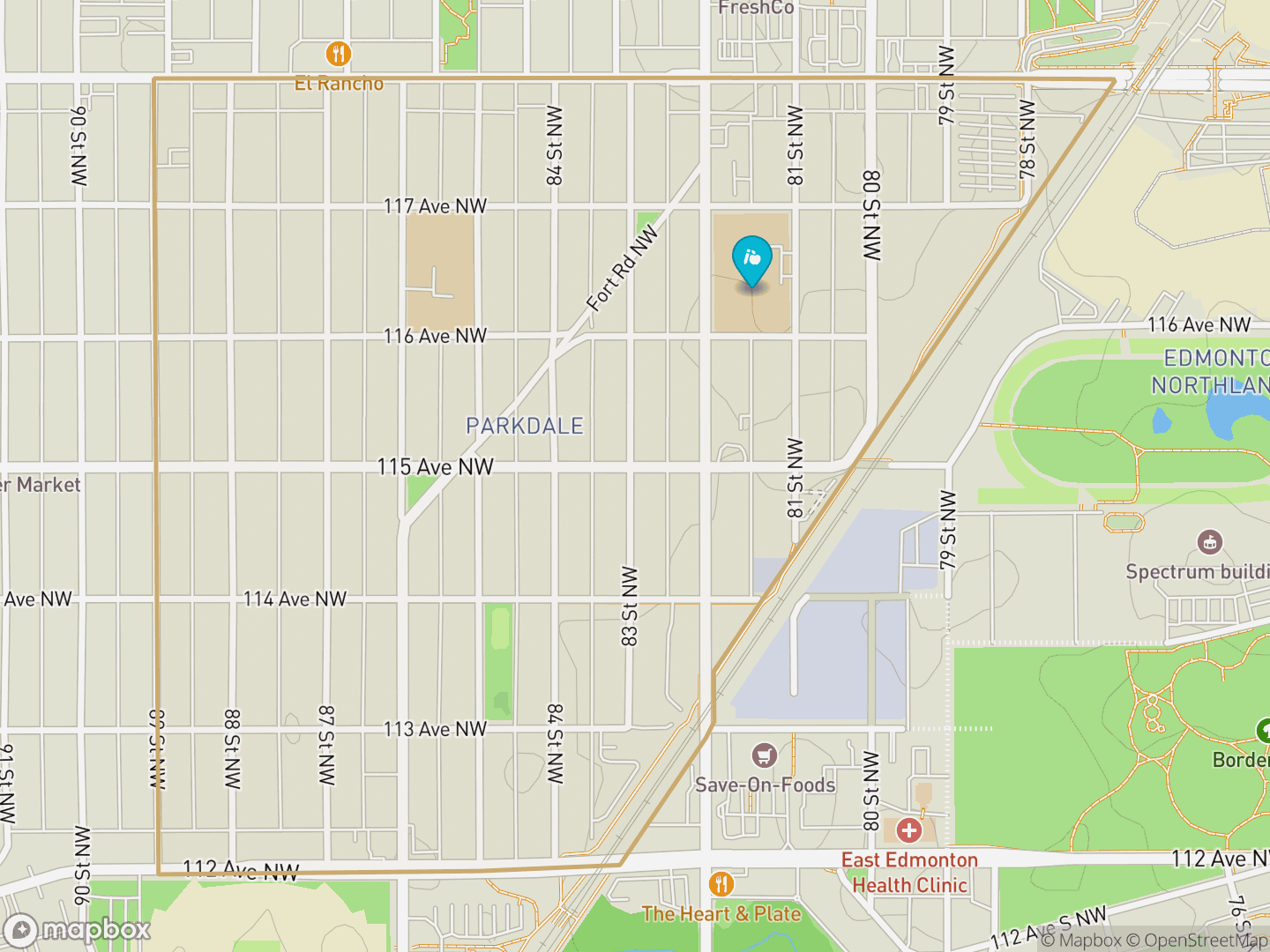 Map of Parkdale, Edmonton — neighbourhood boundary, 1 school, parks and surrounding streets.