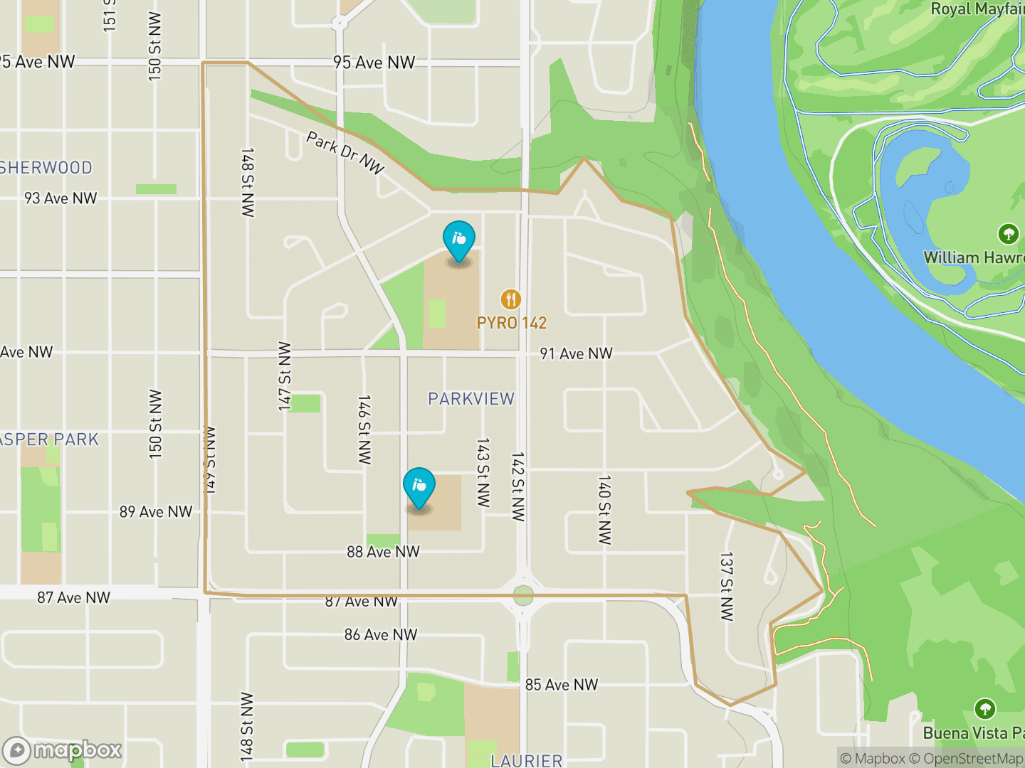 Map of Parkview, Edmonton — neighbourhood boundary, 2 schools, parks and surrounding streets.