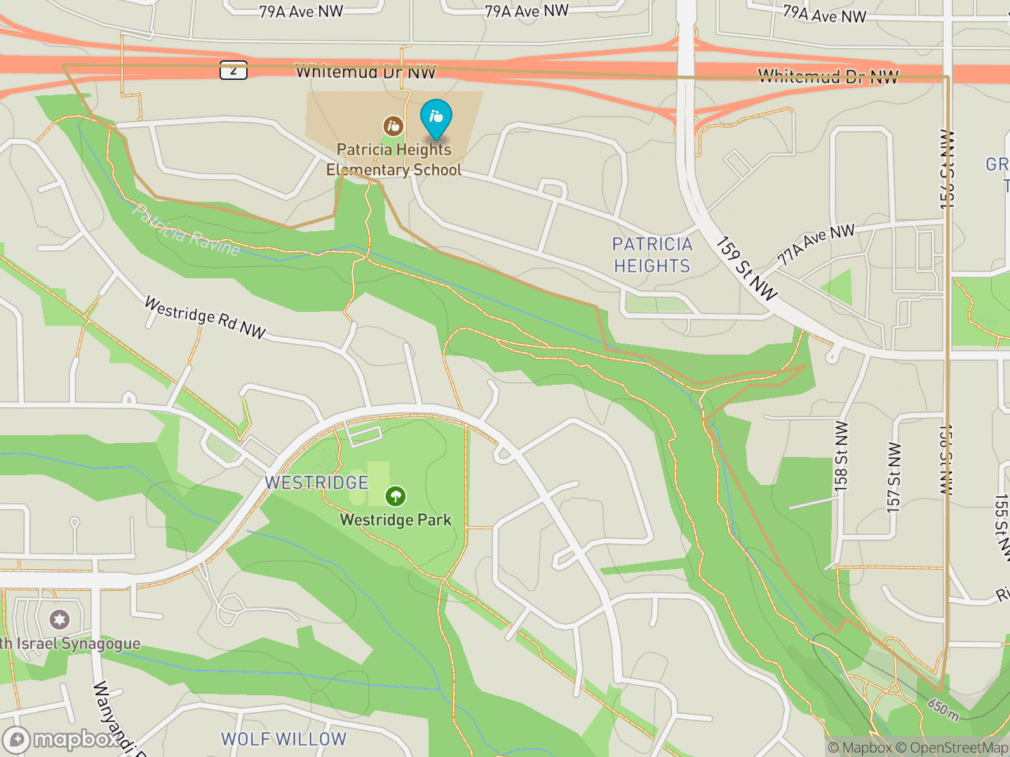 Map of Patricia Heights, Edmonton — neighbourhood boundary, 1 school, parks and surrounding streets.