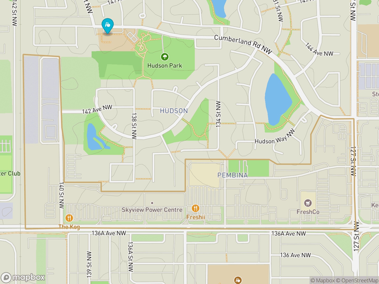 Map of Pembina, Edmonton — neighbourhood boundary, 1 school, parks and surrounding streets.