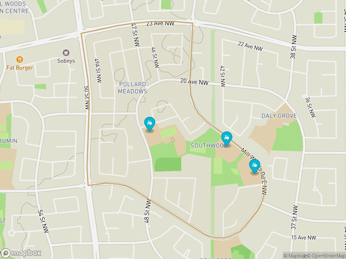 Map of Pollard Meadows, Edmonton — neighbourhood boundary, 3 schools, parks and surrounding streets.