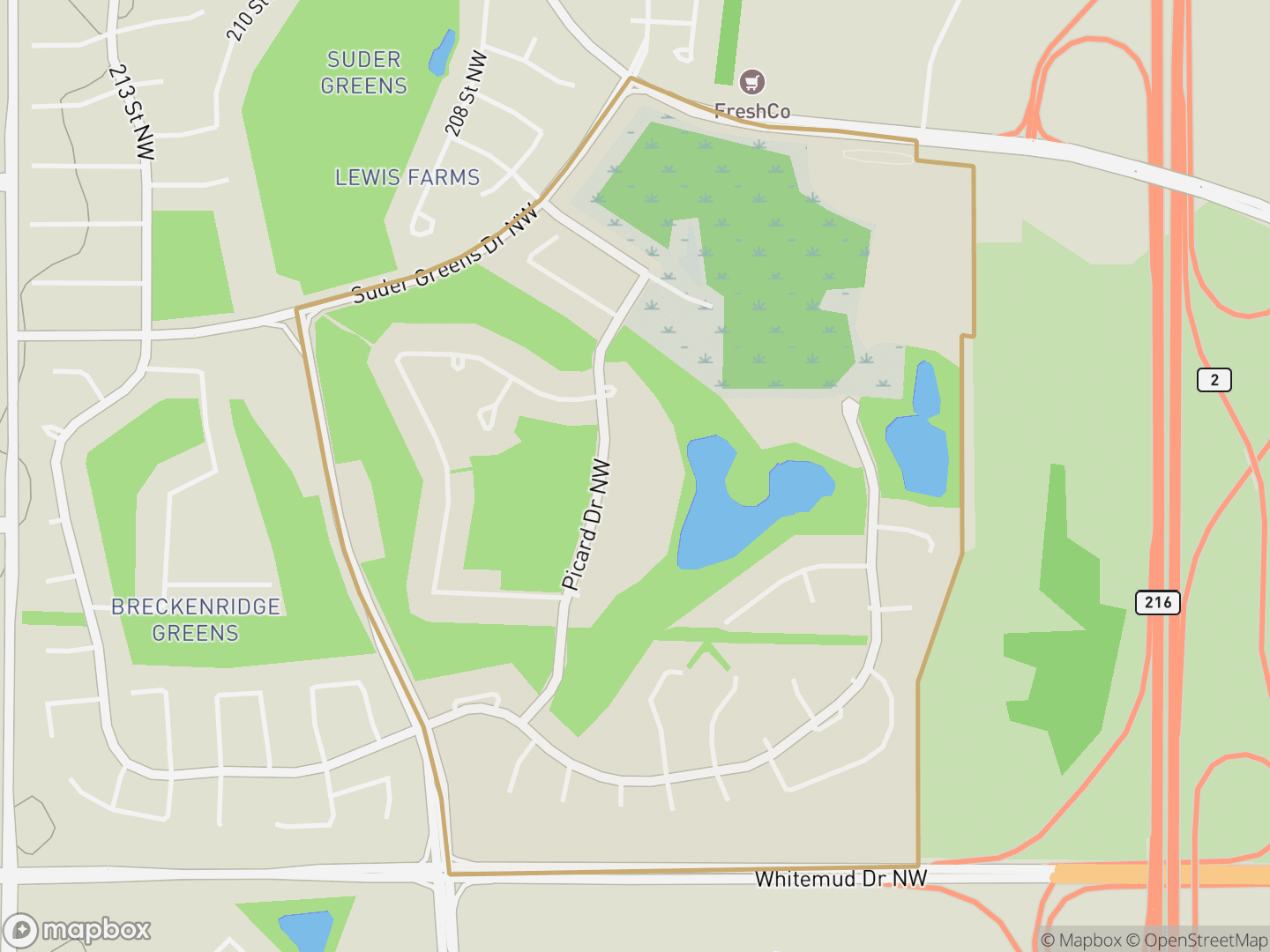 Map of Potter Greens, Edmonton — neighbourhood boundary, parks and surrounding streets.