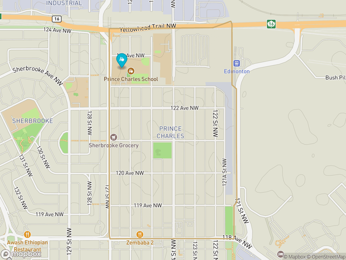 Map of Prince Charles, Edmonton — neighbourhood boundary, 1 school, parks and surrounding streets.