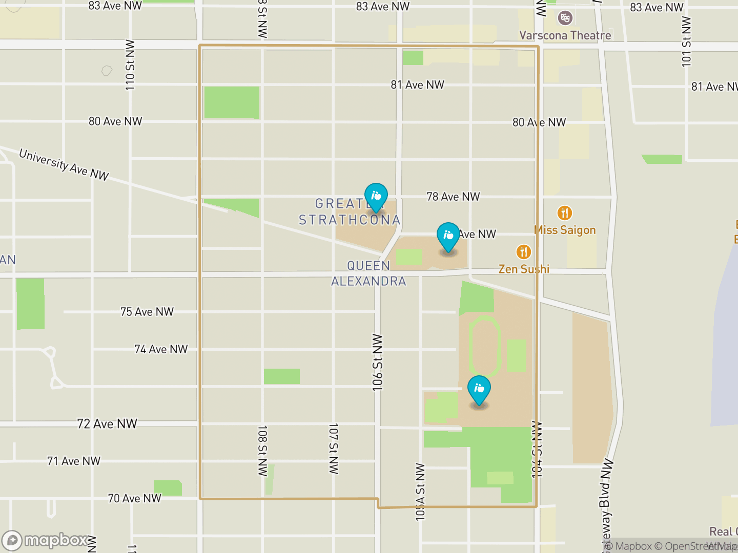 Map of Queen Alexandra, Edmonton — neighbourhood boundary, 3 schools, parks and surrounding streets.
