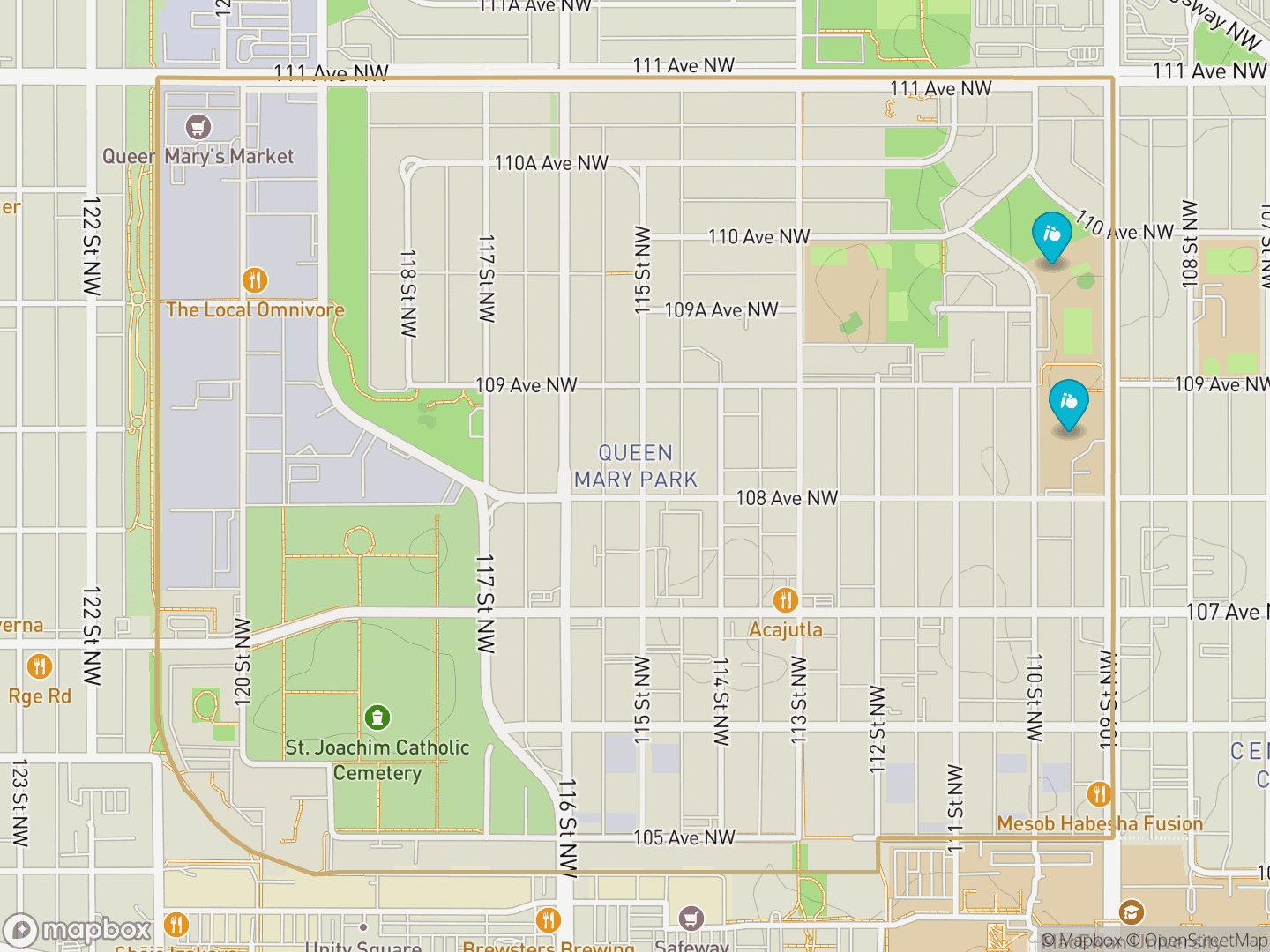 Map of Queen Mary Park, Edmonton — neighbourhood boundary, 2 schools, parks and surrounding streets.