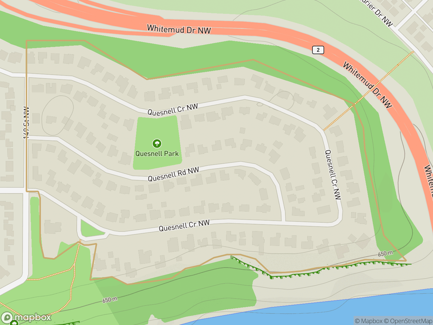Map of Quesnell Heights, Edmonton — neighbourhood boundary, parks and surrounding streets.