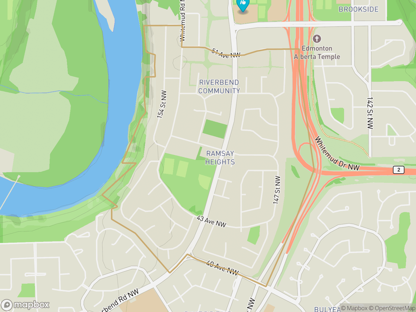 Map of Ramsay Heights, Edmonton — neighbourhood boundary, 1 school, parks and surrounding streets.