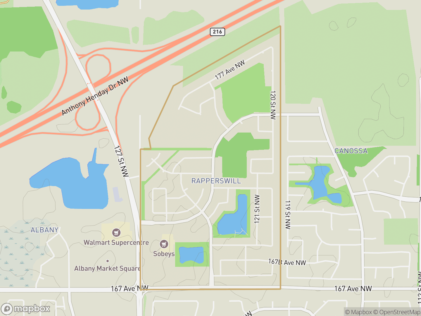 Map of Rapperswill, Edmonton — neighbourhood boundary, parks and surrounding streets.