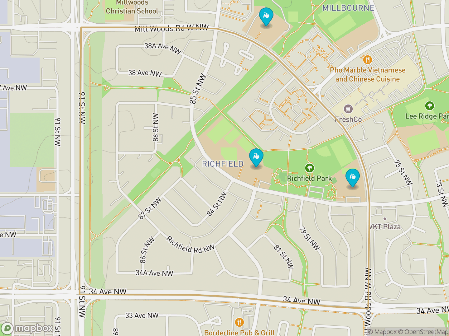 Map of Richfield, Edmonton — neighbourhood boundary, 3 schools, parks and surrounding streets.
