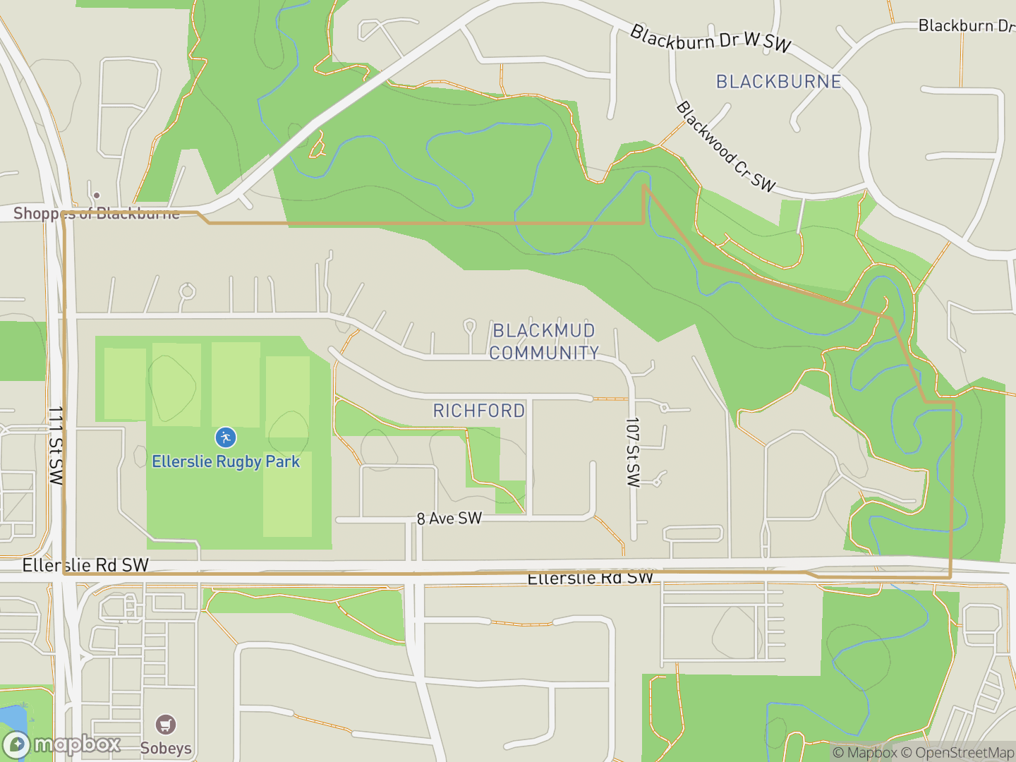 Map of Richford, Edmonton — neighbourhood boundary, parks and surrounding streets.