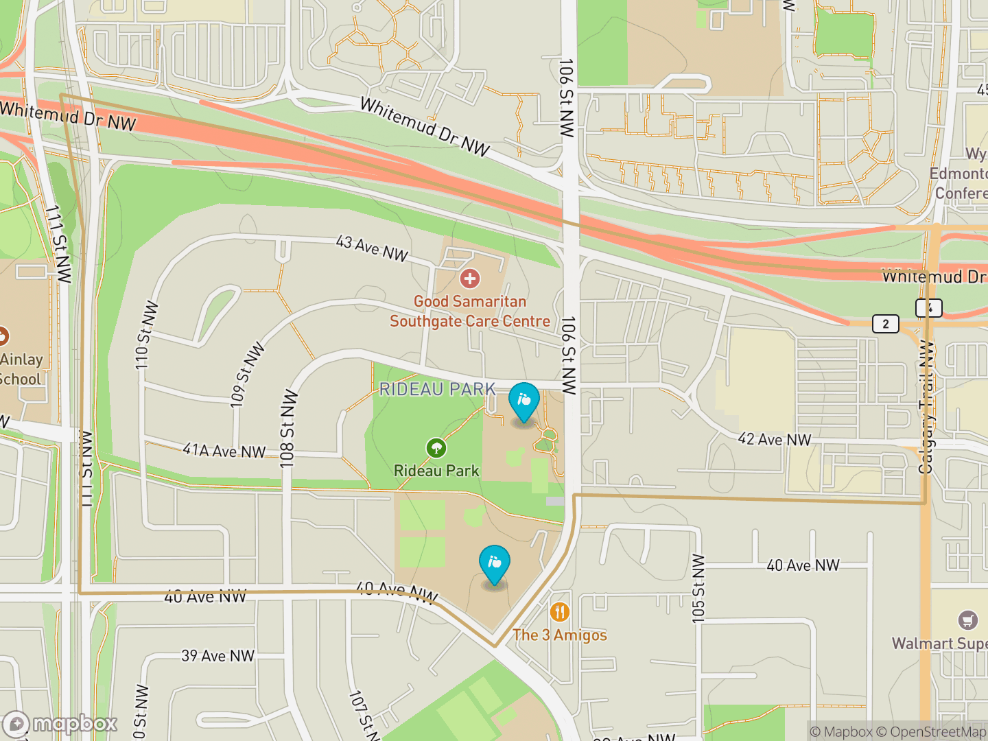 Map of Rideau Park, Edmonton — neighbourhood boundary, 2 schools, parks and surrounding streets.