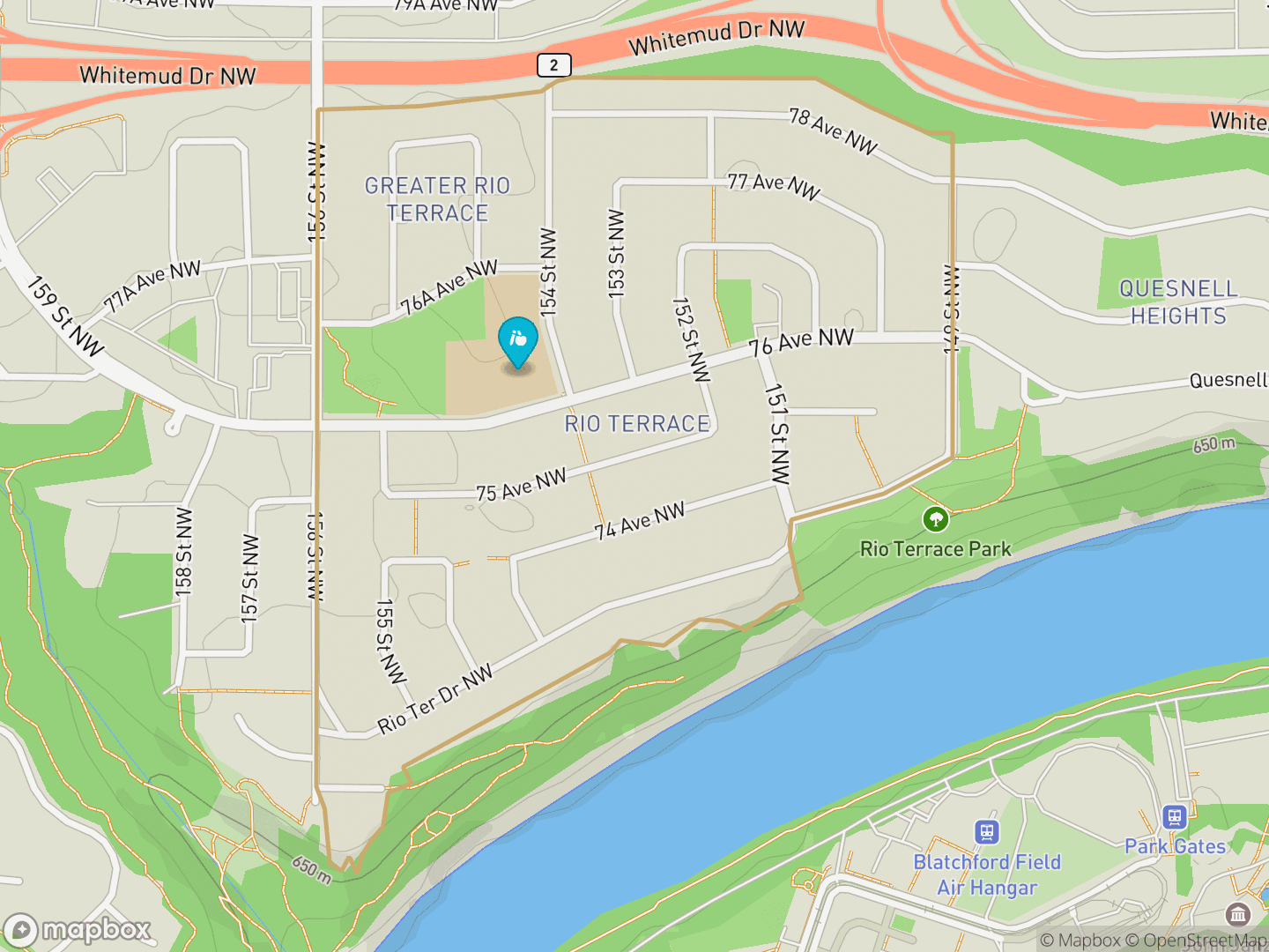 Map of Rio Terrace, Edmonton — neighbourhood boundary, 1 school, parks and surrounding streets.