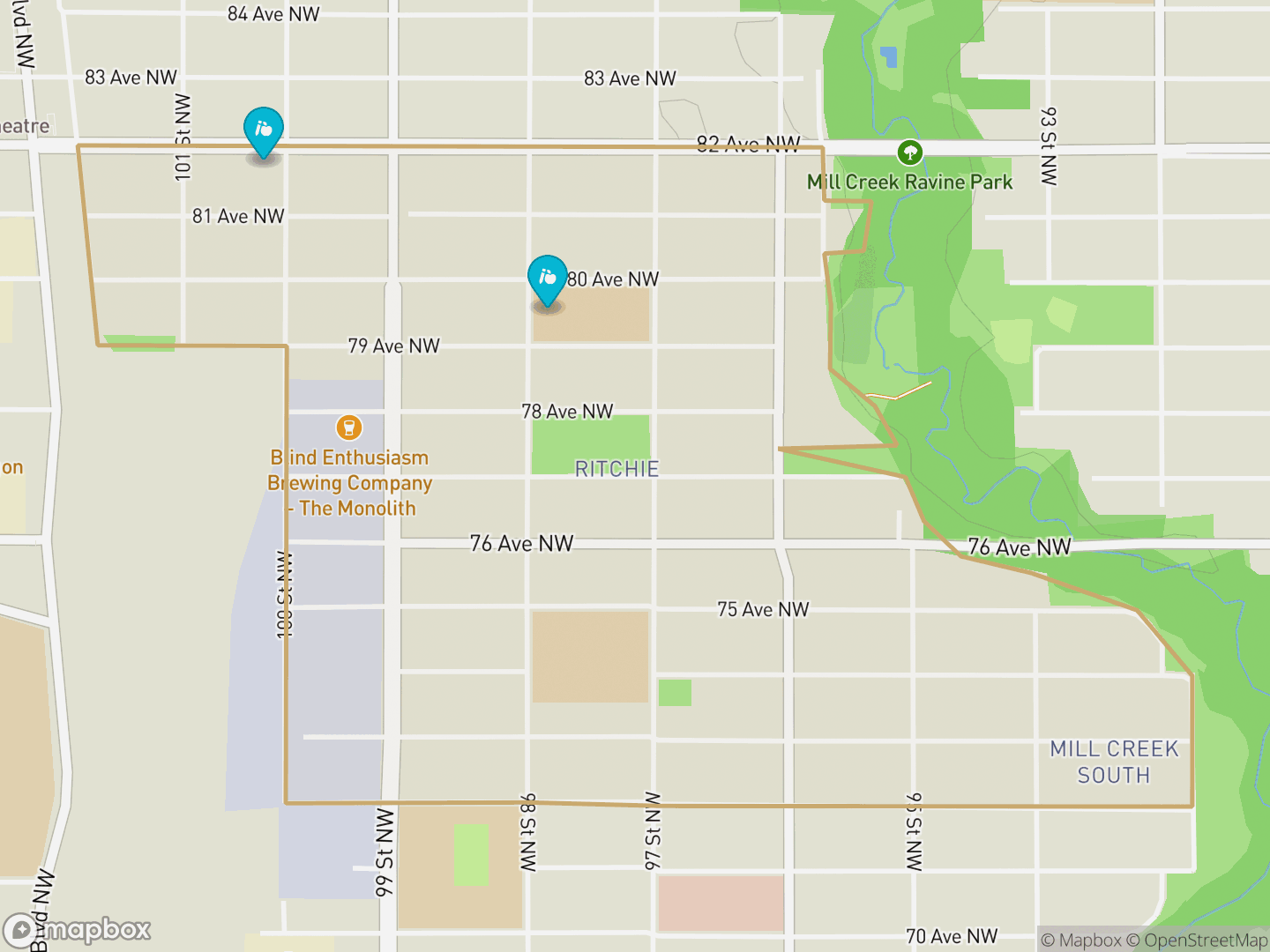 Map of Ritchie, Edmonton — neighbourhood boundary, 2 schools, parks and surrounding streets.