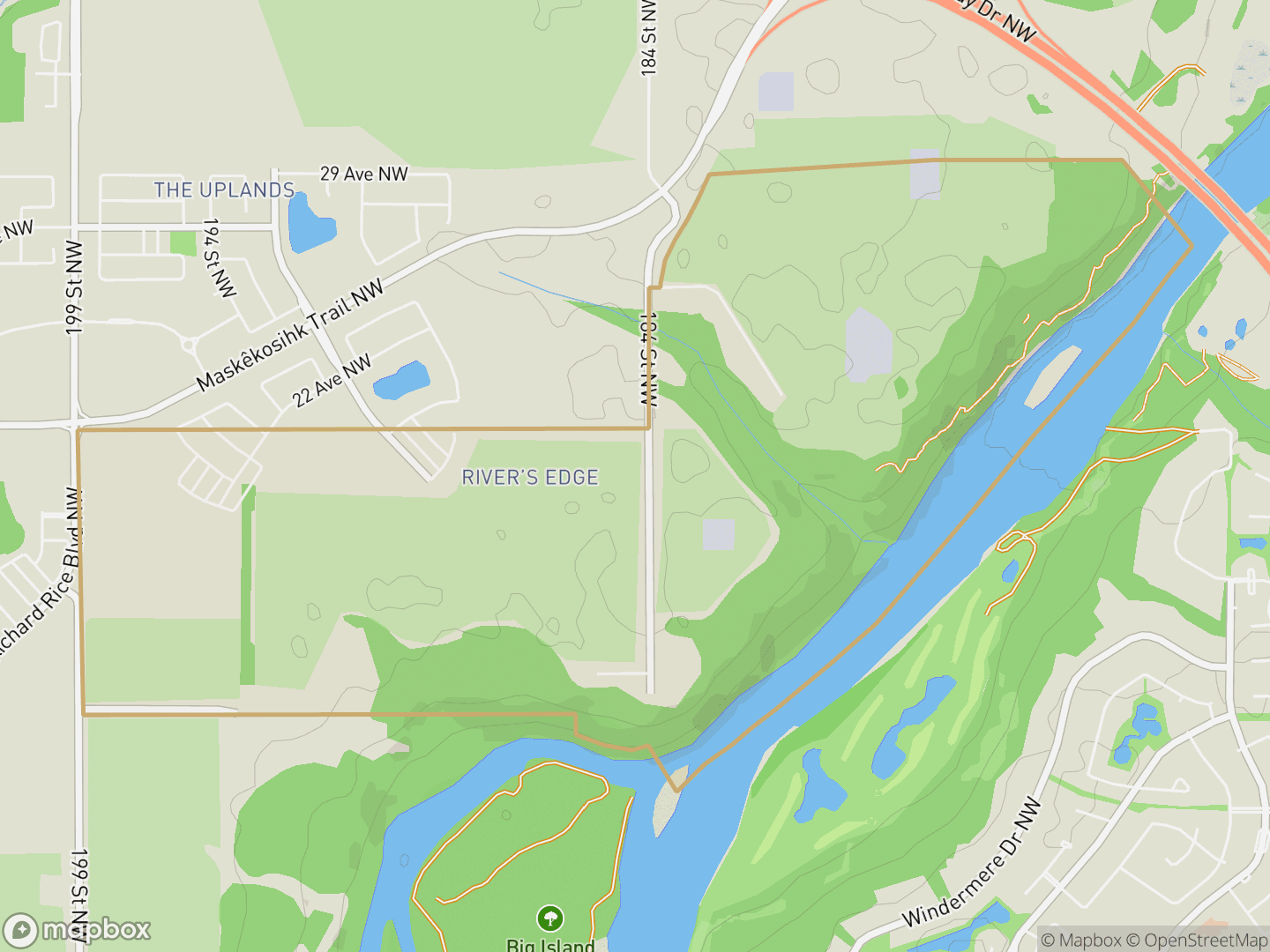 Map of River's Edge, Edmonton — neighbourhood boundary, parks and surrounding streets.