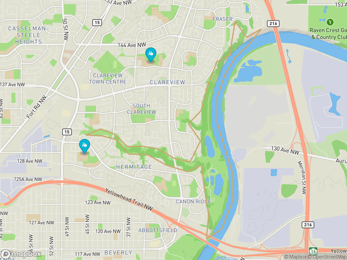 Map of River Valley Hermitage, Edmonton — neighbourhood boundary, 2 schools, parks and surrounding streets.