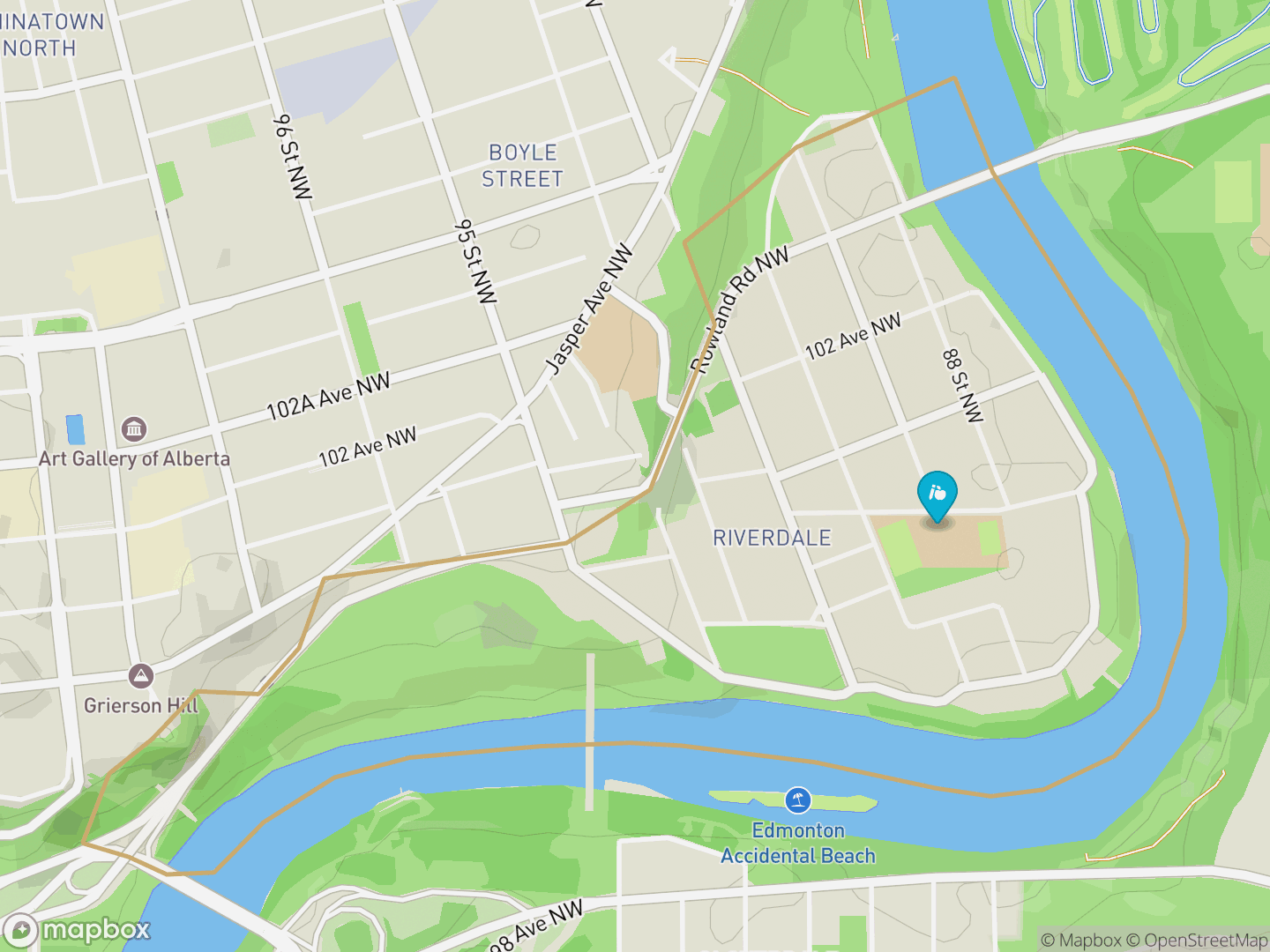 Map of Riverdale, Edmonton — neighbourhood boundary, 1 school, parks and surrounding streets.