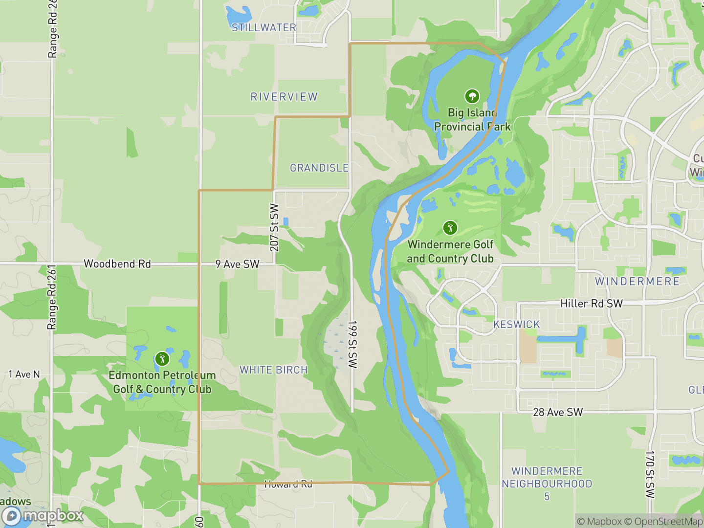 Map of Riverview Area, Edmonton — neighbourhood boundary, parks and surrounding streets.