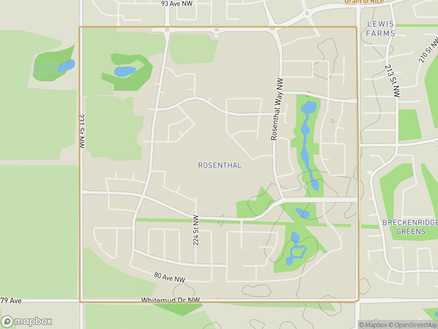 Map of Rosenthal, Edmonton — neighbourhood boundary, parks and surrounding streets.