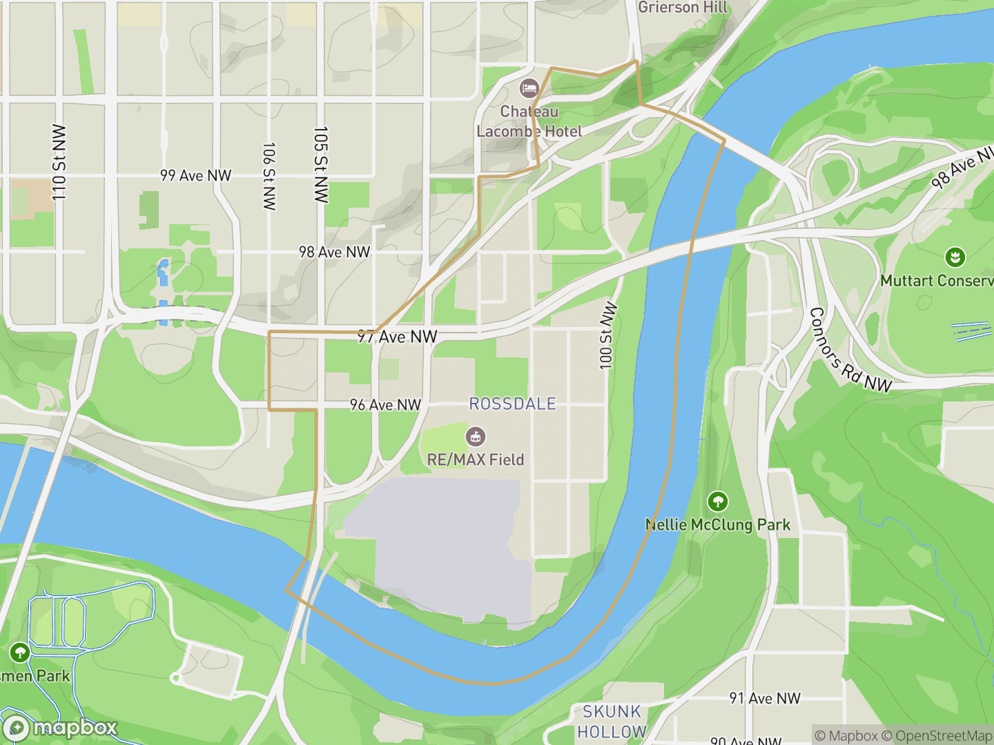 Map of Rossdale, Edmonton — neighbourhood boundary, parks and surrounding streets.