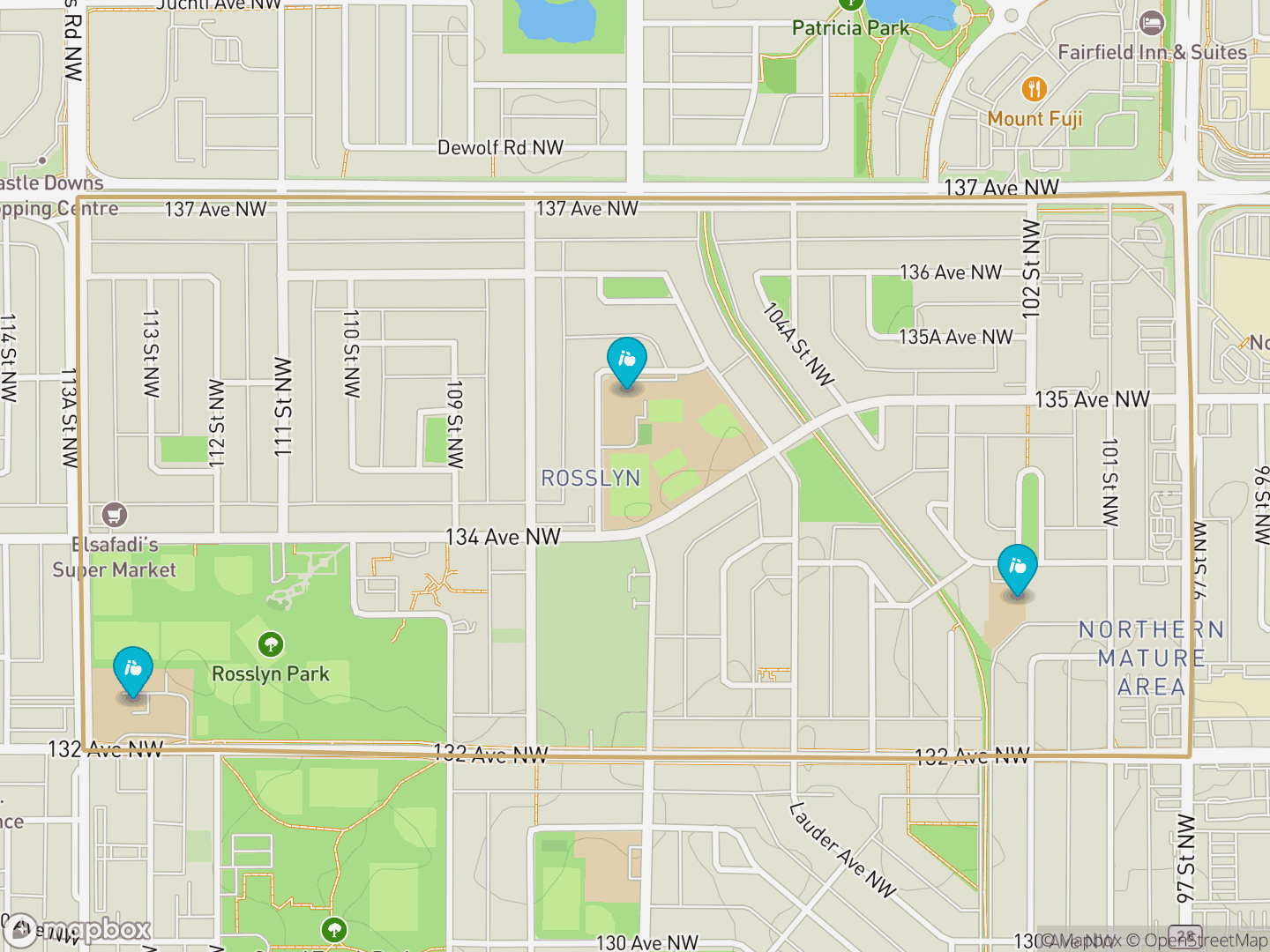Map of Rosslyn, Edmonton — neighbourhood boundary, 3 schools, parks and surrounding streets.