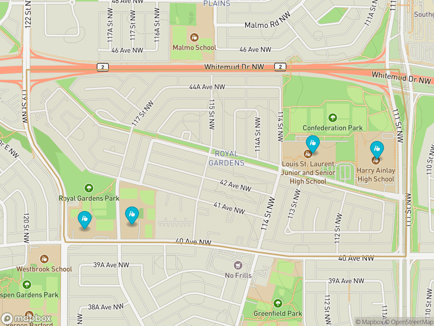 Map of Royal Gardens, Edmonton — neighbourhood boundary, 4 schools, parks and surrounding streets.