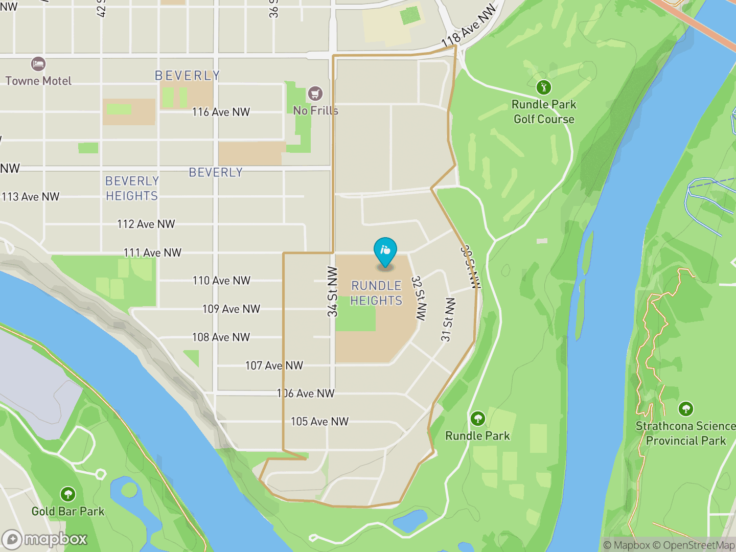 Map of Rundle Heights, Edmonton — neighbourhood boundary, 1 school, parks and surrounding streets.