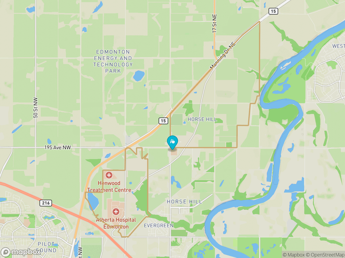 Map of Rural North East Horse Hill, Edmonton — neighbourhood boundary, 1 school, parks and surrounding streets.