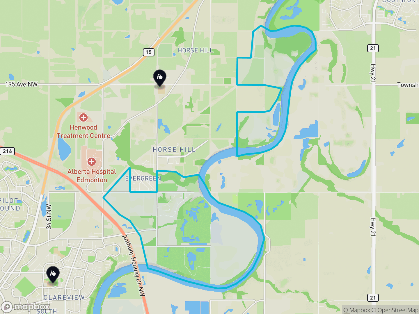 Map of Rural North East South Sturgeon, Edmonton — neighbourhood boundary, 2 schools, parks and surrounding streets.
