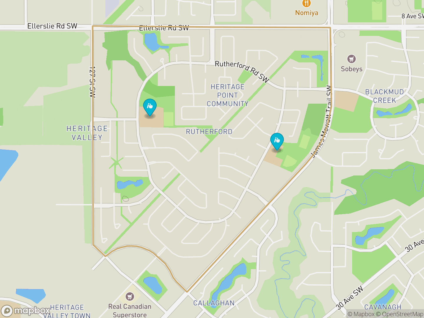 Map of Rutherford, Edmonton — neighbourhood boundary, 2 schools, parks and surrounding streets.