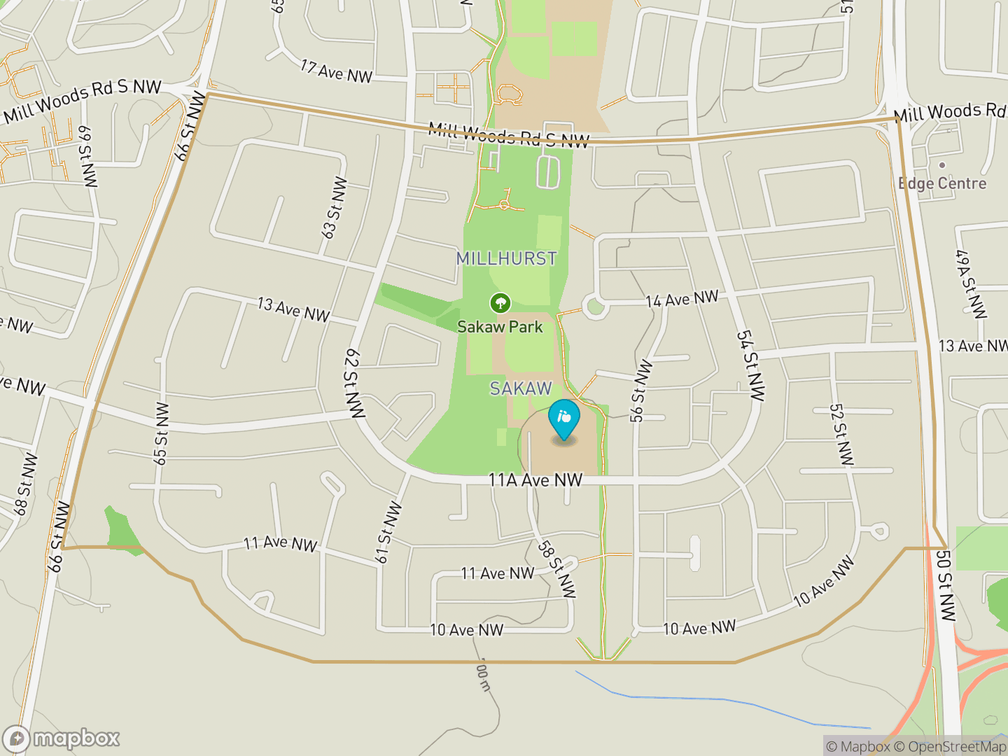 Map of Sakaw, Edmonton — neighbourhood boundary, 1 school, parks and surrounding streets.