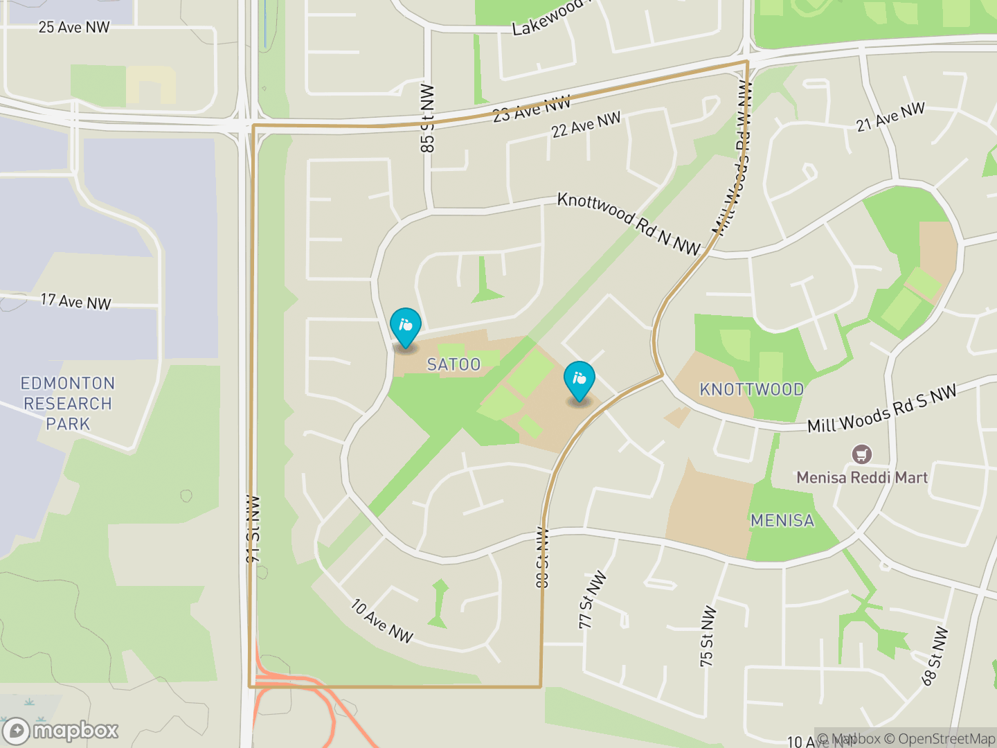 Map of Satoo, Edmonton — neighbourhood boundary, 2 schools, parks and surrounding streets.