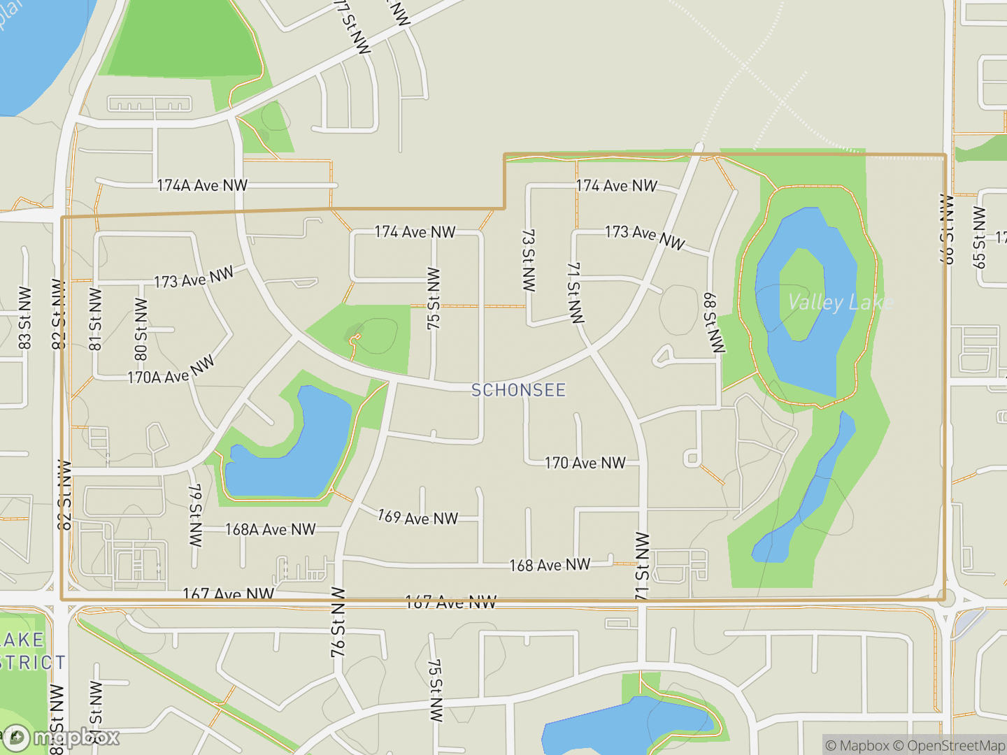 Map of Schonsee, Edmonton — neighbourhood boundary, parks and surrounding streets.