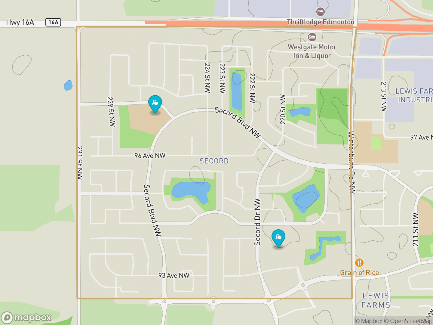 Map of Secord, Edmonton — neighbourhood boundary, 2 schools, parks and surrounding streets.