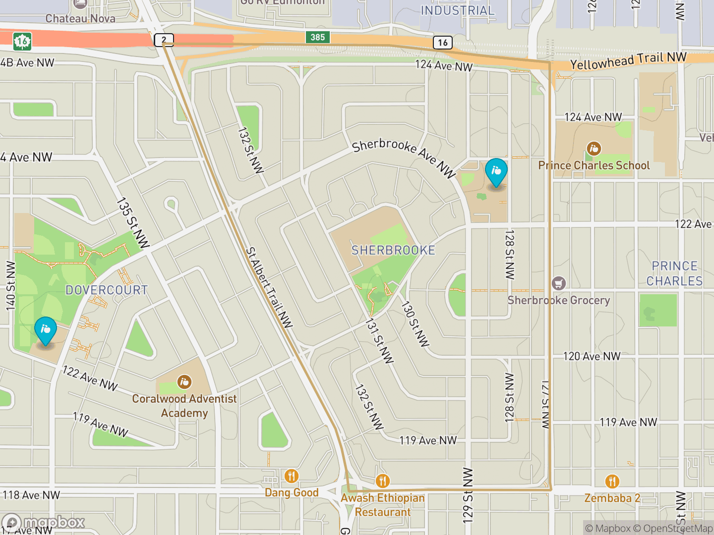 Map of Sherbrooke, Edmonton — neighbourhood boundary, 2 schools, parks and surrounding streets.