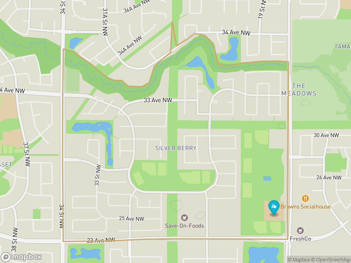 Map of Silver Berry, Edmonton — neighbourhood boundary, 1 school, parks and surrounding streets.