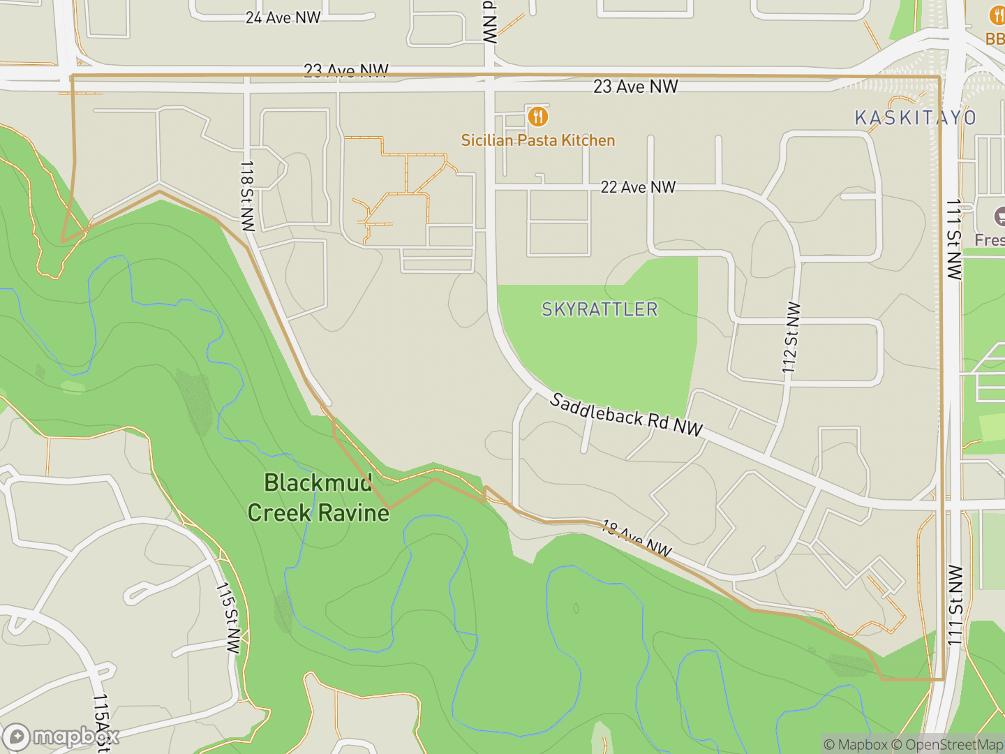 Map of Skyrattler, Edmonton — neighbourhood boundary, parks and surrounding streets.