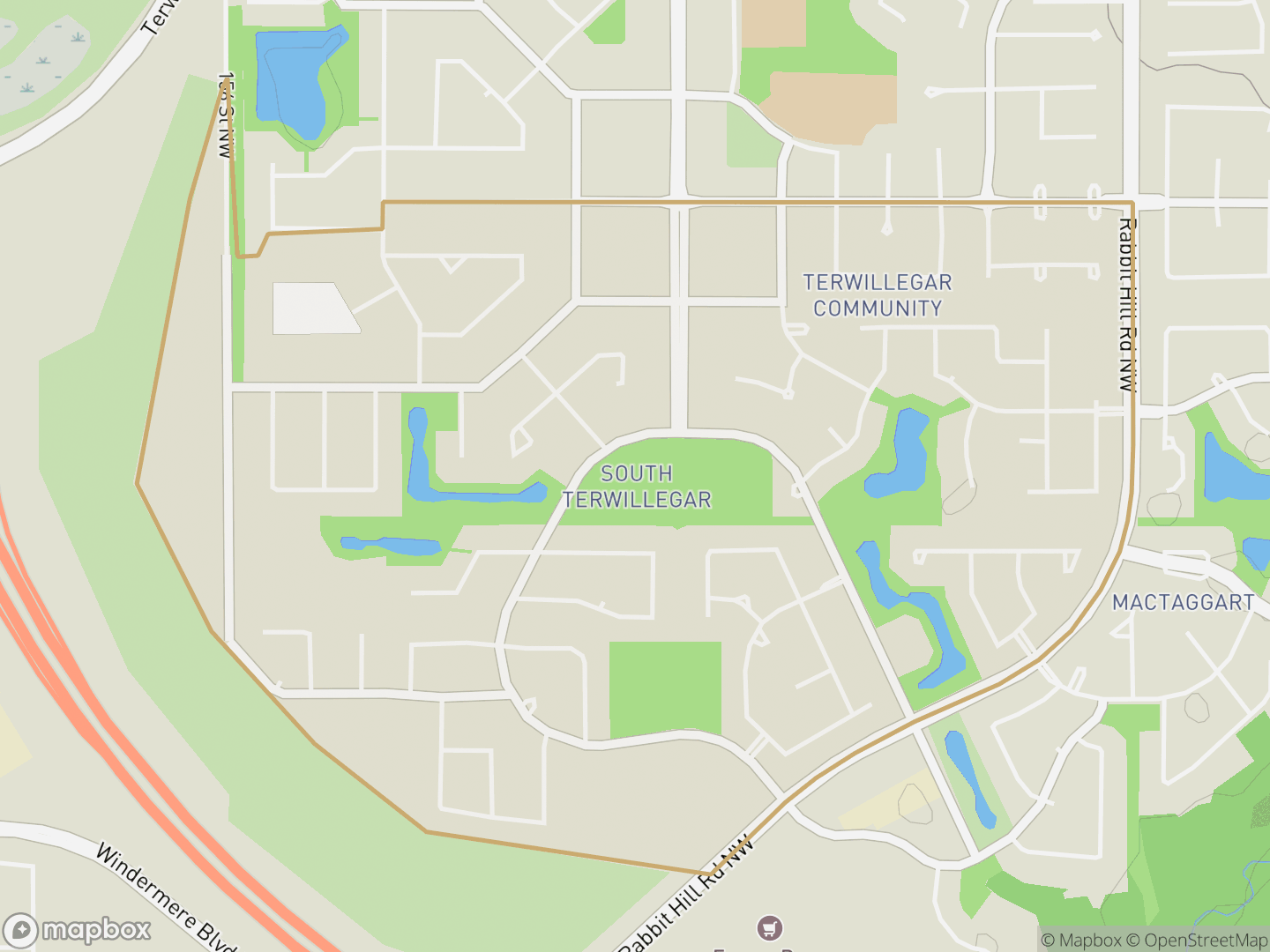 Map of South Terwillegar, Edmonton — neighbourhood boundary, parks and surrounding streets.