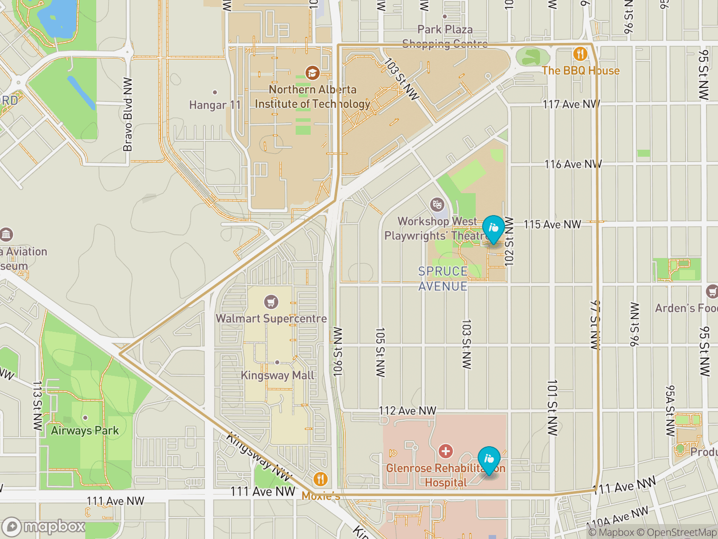 Map of Spruce Avenue, Edmonton — neighbourhood boundary, 2 schools, parks and surrounding streets.