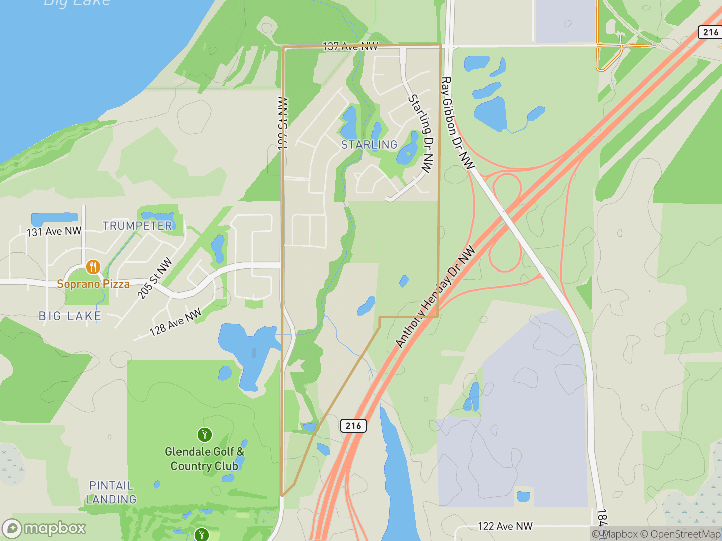 Map of Starling, Edmonton — neighbourhood boundary, parks and surrounding streets.