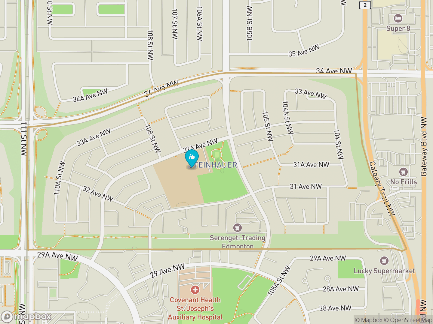 Map of Steinhauer, Edmonton — neighbourhood boundary, 1 school, parks and surrounding streets.