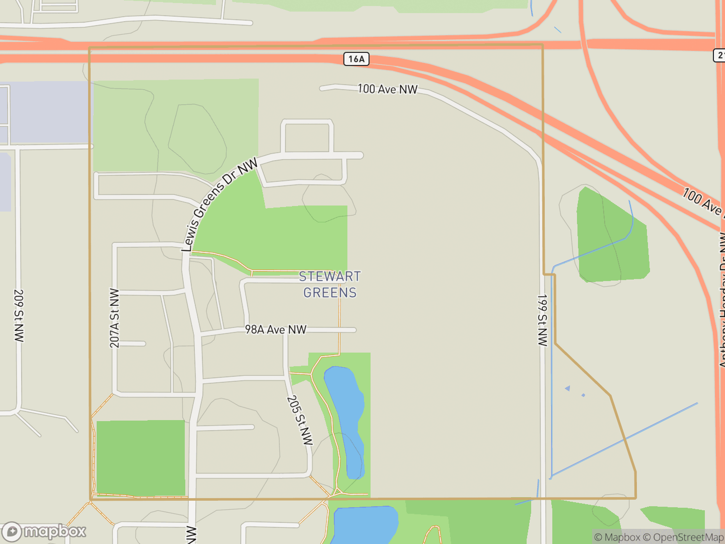 Map of Stewart Greens, Edmonton — neighbourhood boundary, parks and surrounding streets.