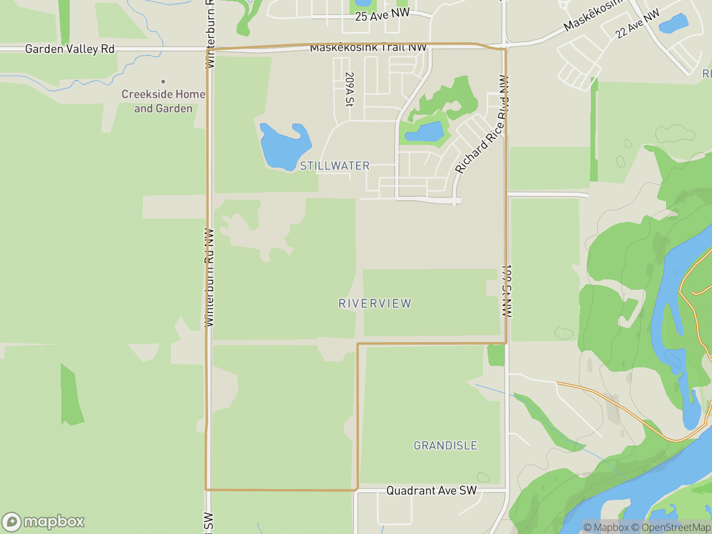 Map of Stillwater, Edmonton — neighbourhood boundary, parks and surrounding streets.