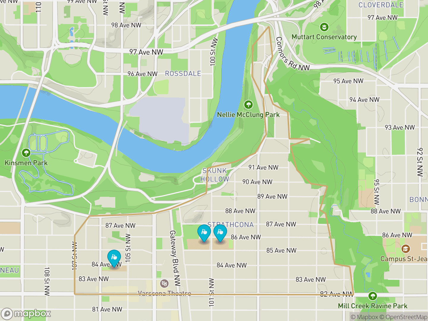Map of Strathcona, Edmonton — neighbourhood boundary, 3 schools, parks and surrounding streets.