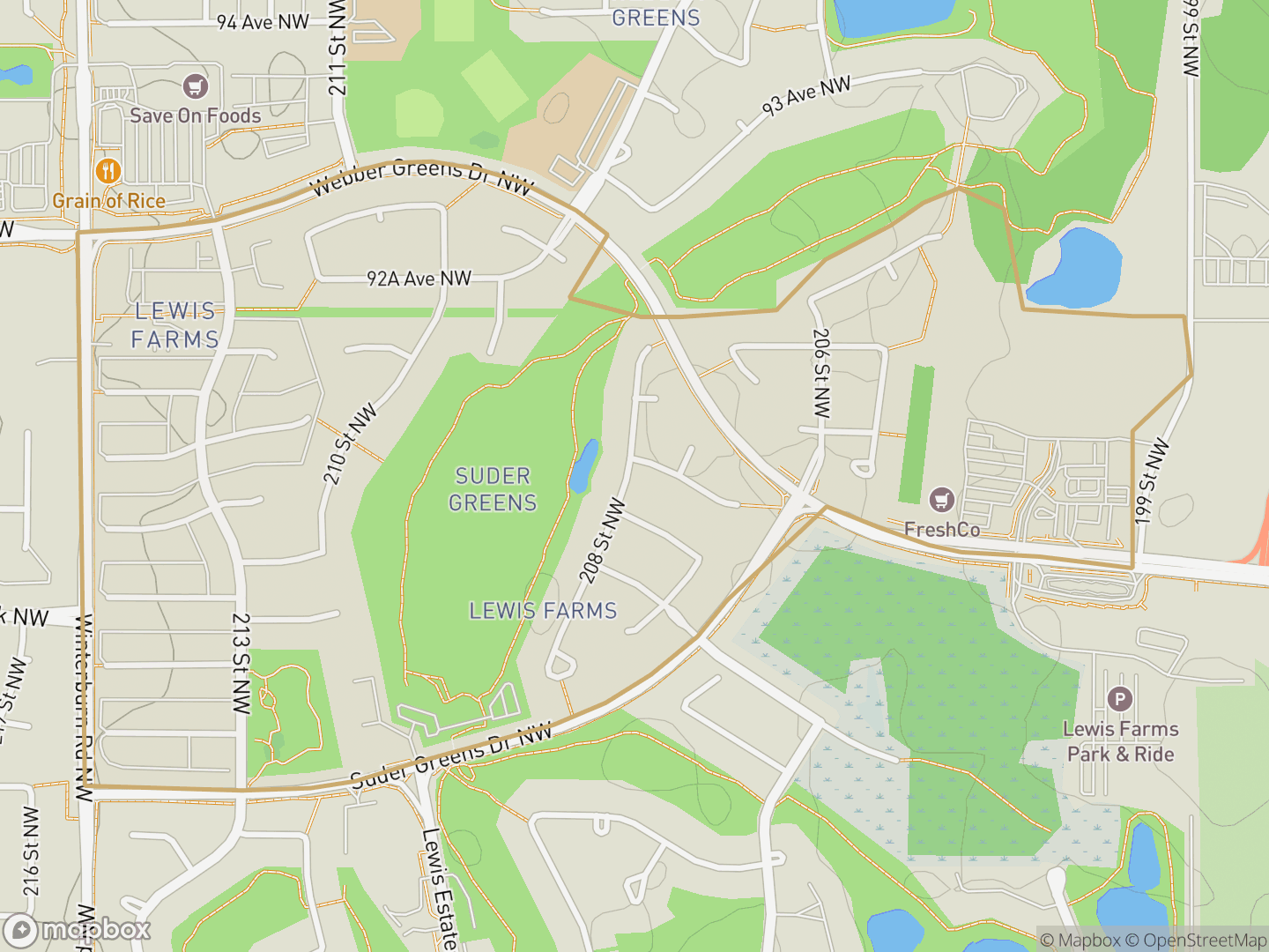 Map of Suder Greens, Edmonton — neighbourhood boundary, parks and surrounding streets.