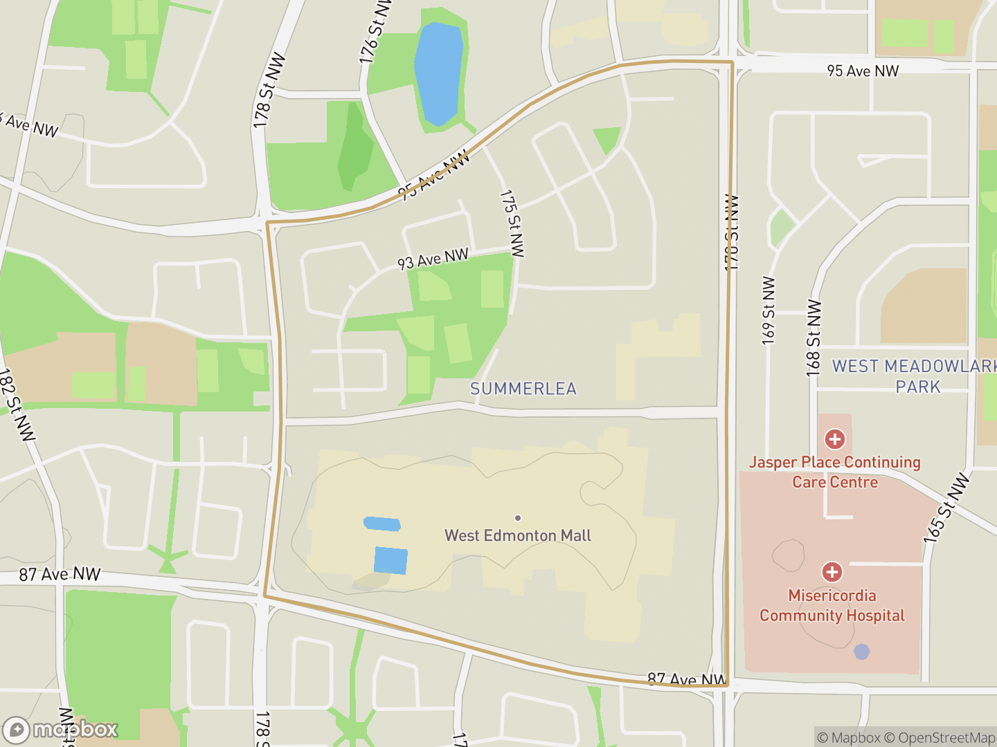 Map of Summerlea, Edmonton — neighbourhood boundary, parks and surrounding streets.