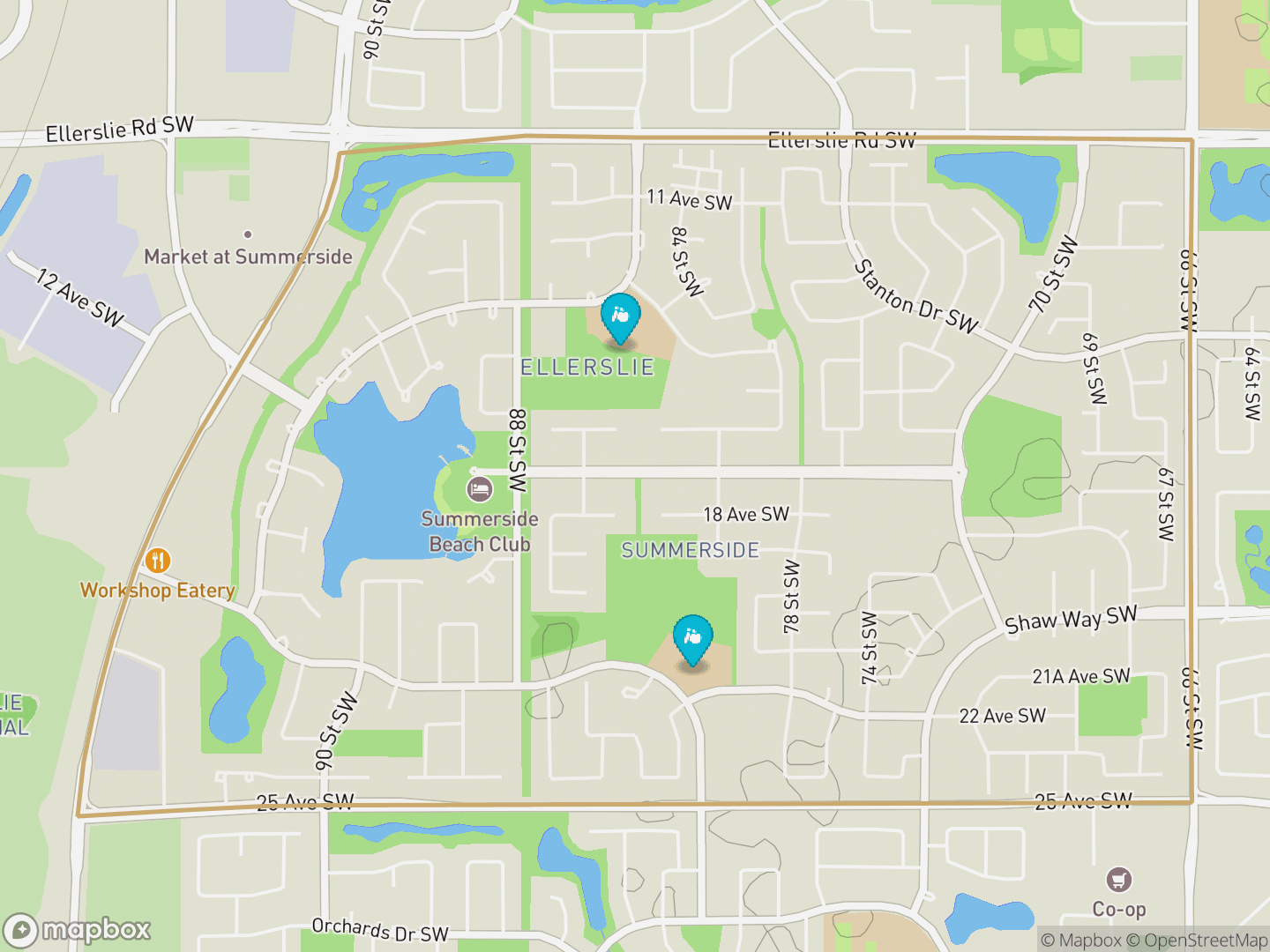Map of Summerside, Edmonton — neighbourhood boundary, 2 schools, parks and surrounding streets.