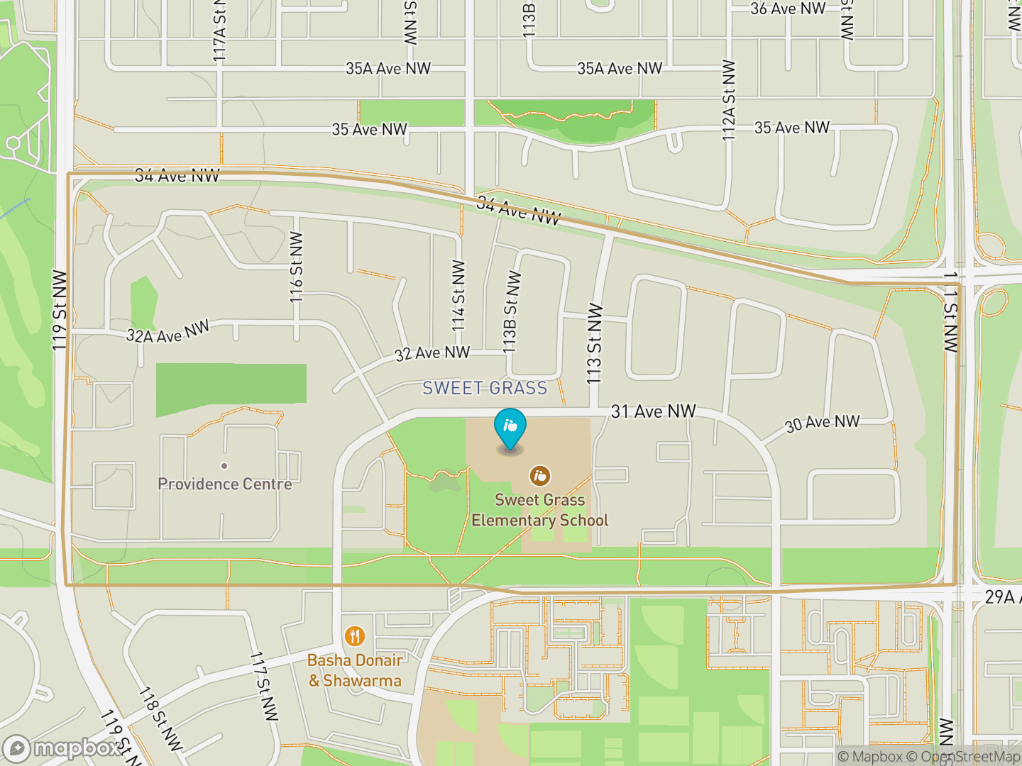 Map of Sweet Grass, Edmonton — neighbourhood boundary, 1 school, parks and surrounding streets.