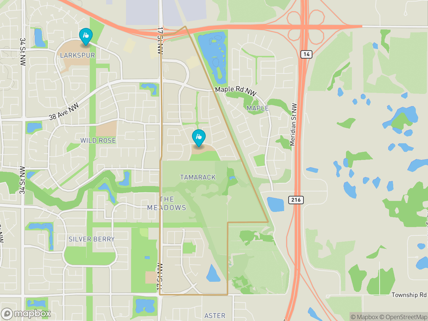 Map of Tamarack, Edmonton — neighbourhood boundary, 2 schools, parks and surrounding streets.